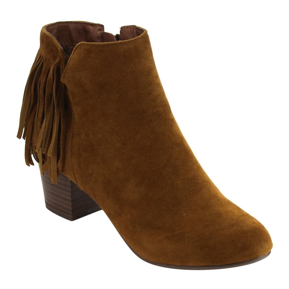 Breckelles GK88 Women Faux Suede Fringe Chunky Heel Ankle Boot